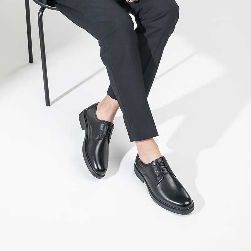 Kangnai Leather Shoes, Spring Style, Commuter Business Casual Shoes for Men, Soft Sole Comfortable Office Formal Derby Shoes Groom Shoes, Black, Size 42