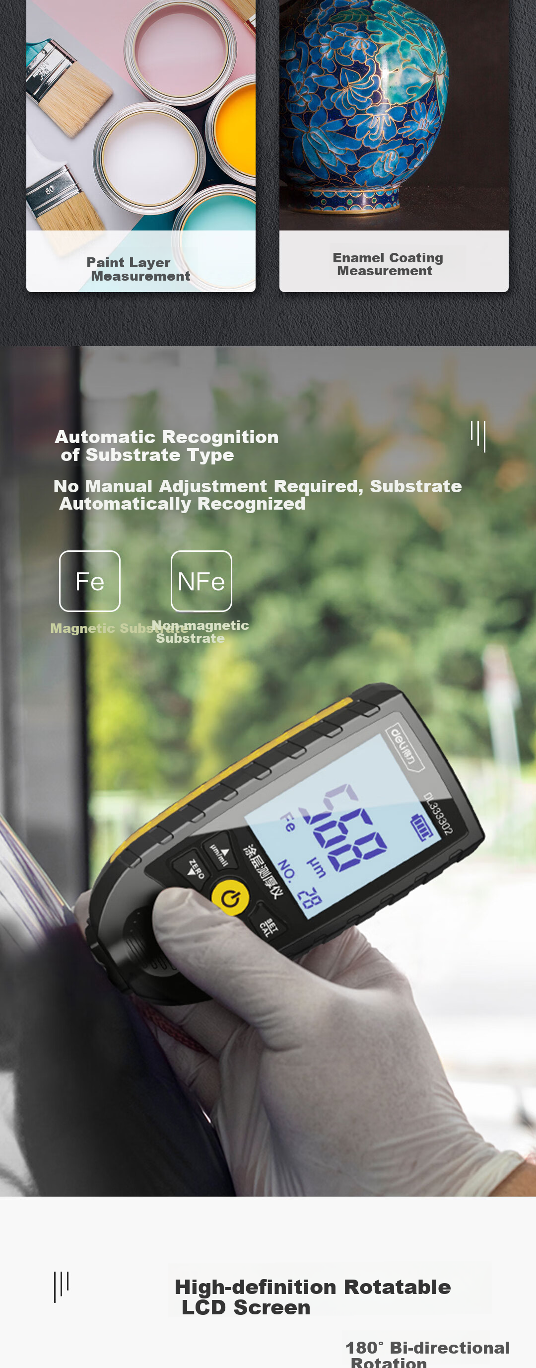 Deli Large Range Dual-Screen Rotatable Digital Coating Thickness Gauge for Automotive Paint and Rubber Coating 4