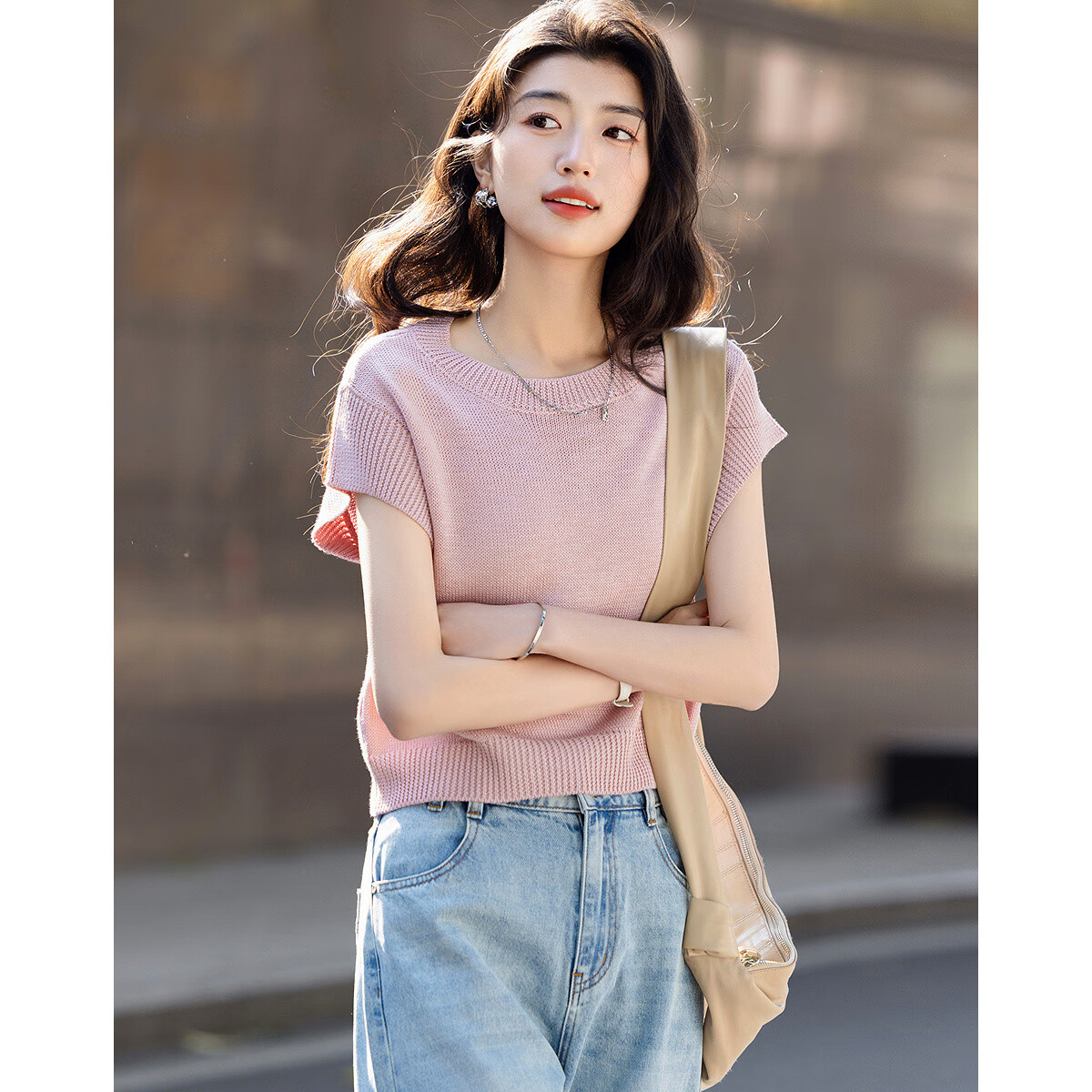 Dme [Selected Bamboo Fiber] Summer Elegant Round Neck Sleeveless Sweater, Short Elastic Slim-Fit Knitted Top for Wome