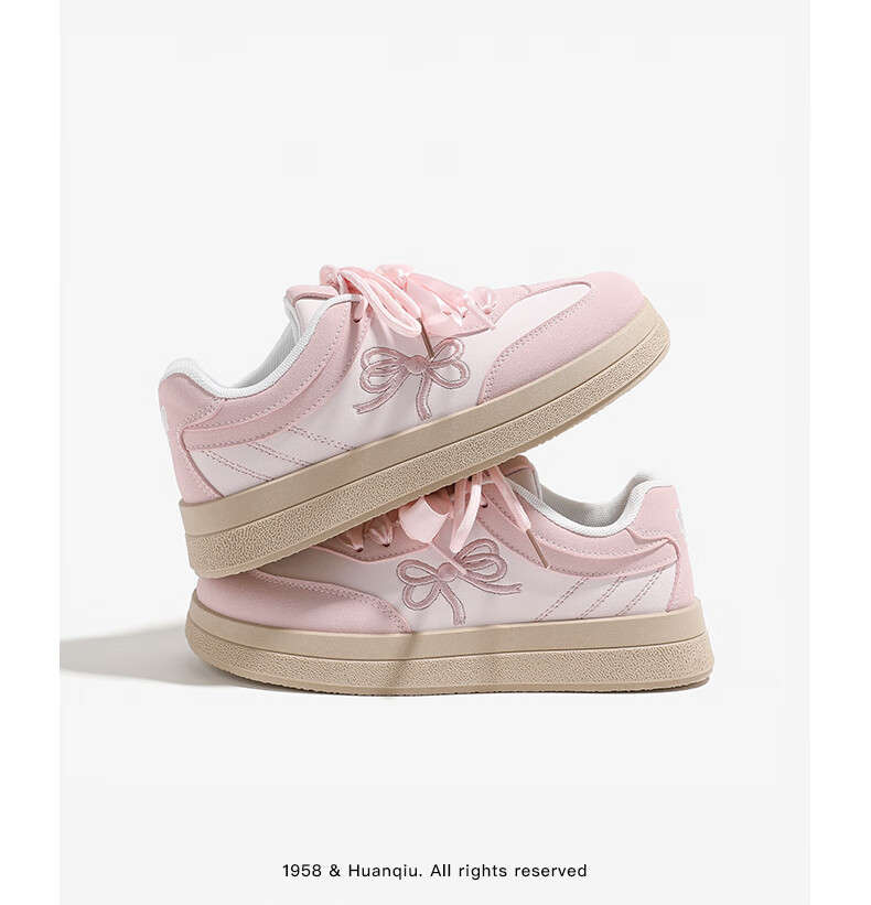 HUANQIU Butterfly Bow White Sneakers for Women, Spring 2026 New Style Versatile Puff Shoes Casual Skateboard Shoes Sports Shoes, Pink, Size 40 9