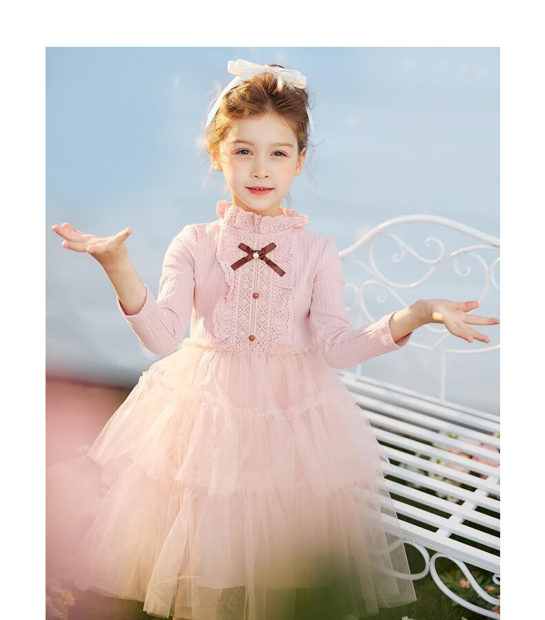 Follow Me Girls' Dress Spring And Autumn Sweet Tulle Knit Dress for School Performances, Pink, Size 150 12