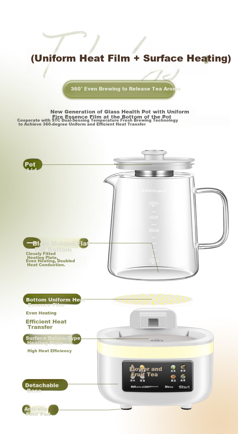 Royalstar Health Pot, All Glass, No Glue, Constant Temperature Kettle, Water Boiler, Tea Maker, 1.2L Household Office Flower Tea Pot, Health Cup, Mid-Autumn Festival Gift, 24H Heat Preservation YSH1280 5