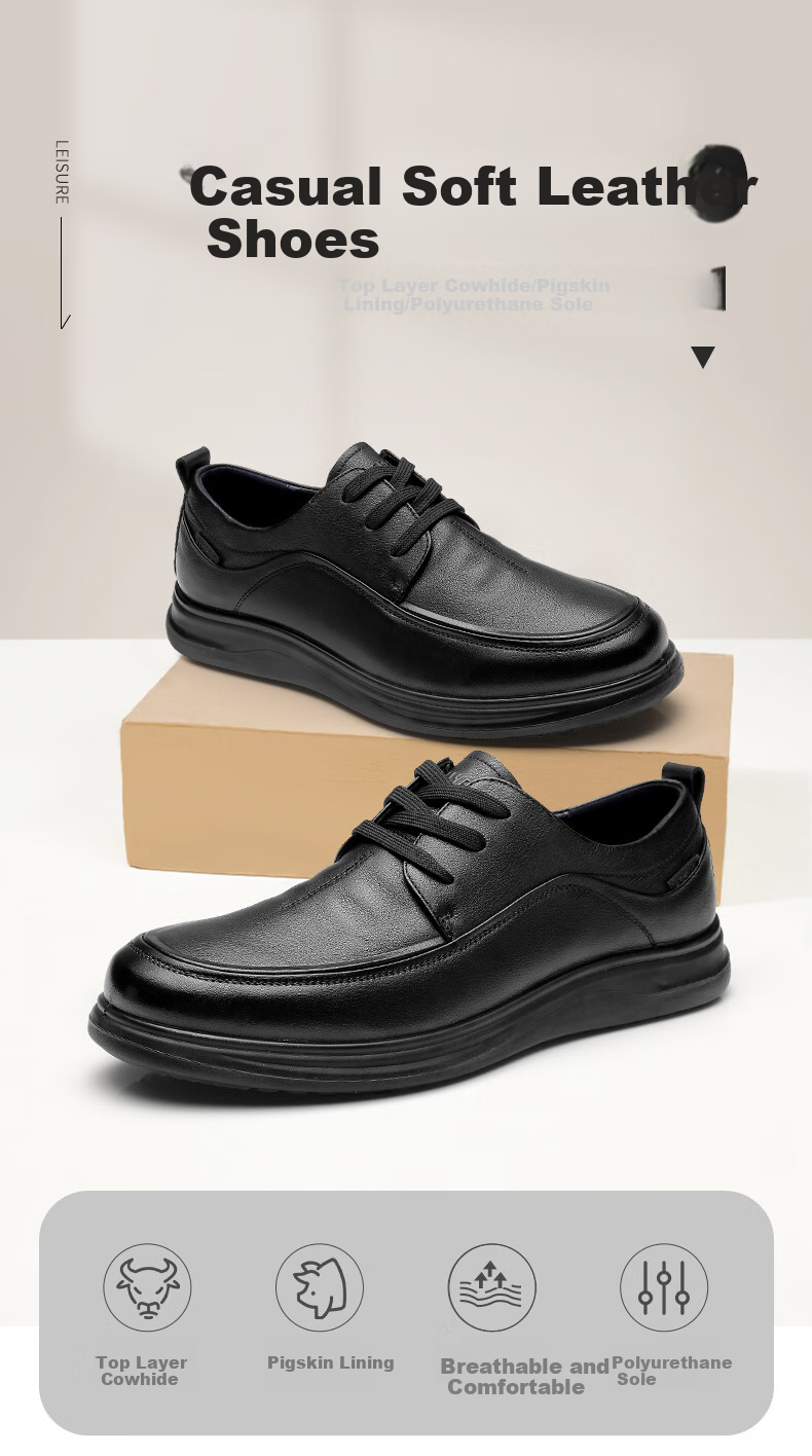 Qiangren Business Casual Leather Shoes, Top-Grain Cowhide Lace-Up Stylish Commuter Men's Shoes JDA05122 Black Size 40 1