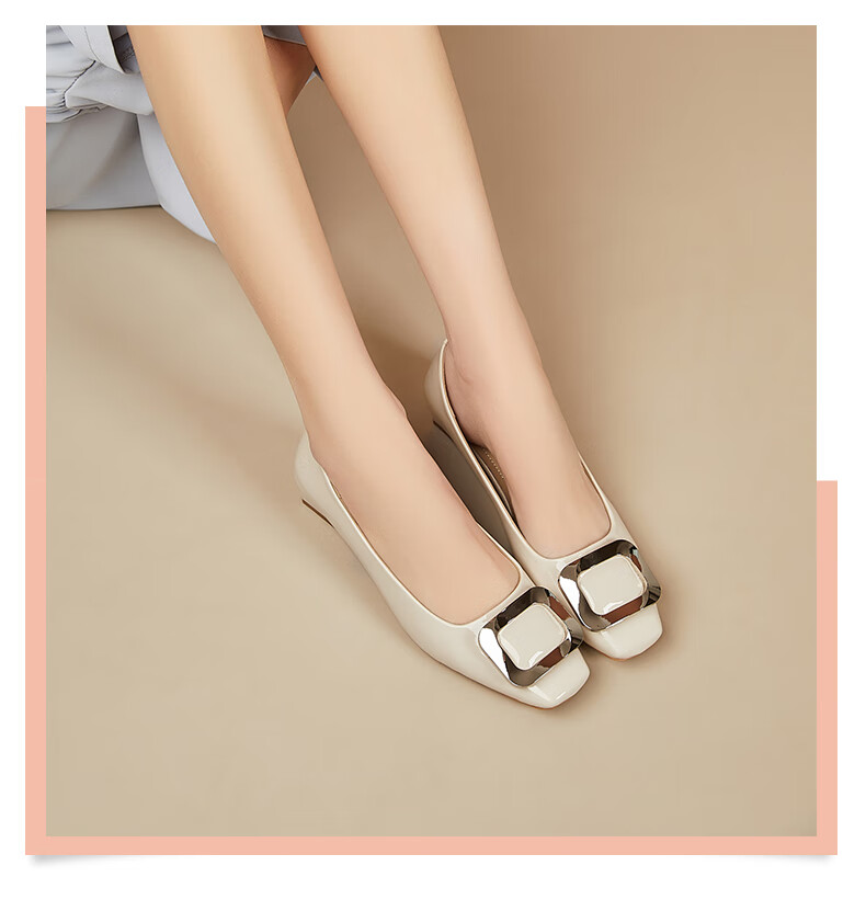 DAPHNE Square Toe Low-Cut Women's Shoes, Low Heel, Suitable for Work with Skirts, Casual Soft Sole, Small Heel Women's Shoes, Beige, Size 37 6