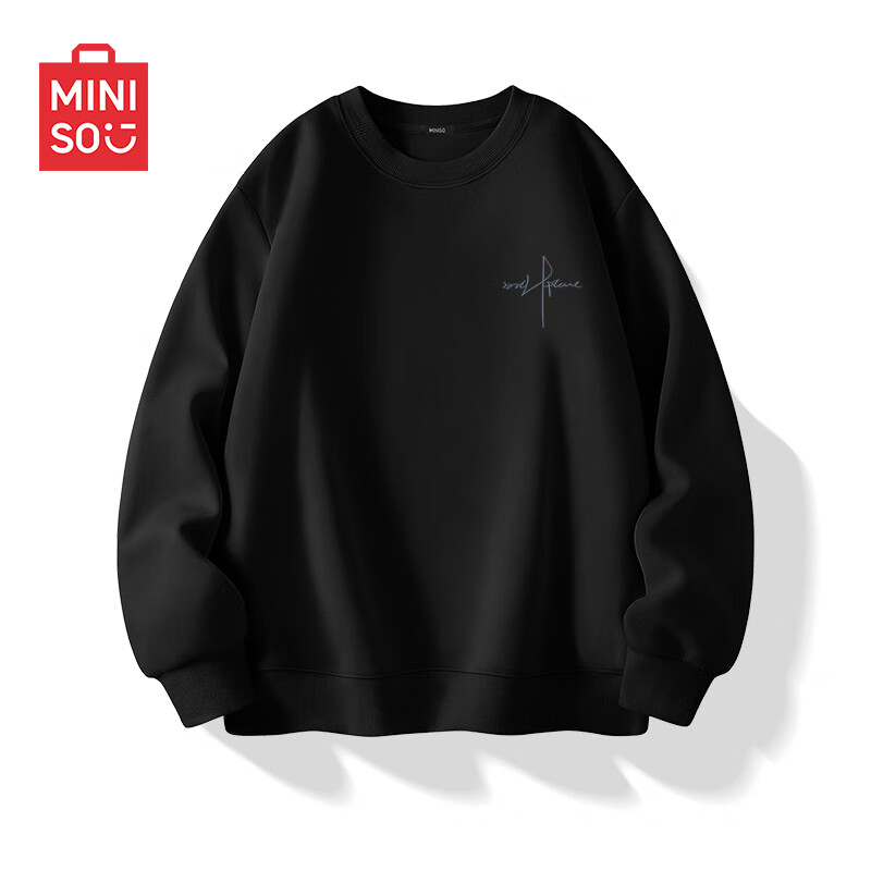 MINISO Men's American Style Sweatshirt Simple Design Oversize Loose Heavyweight Pullover Black 2XL Spring Autumn