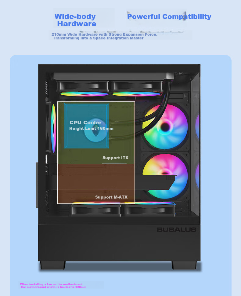 BUBALUS Black Light Realm Gaming Computer Case (Panoramic Tempered Glass / M-ATX Motherboard / 240mm Water Cooling / Vertical Airflow Duct) 4