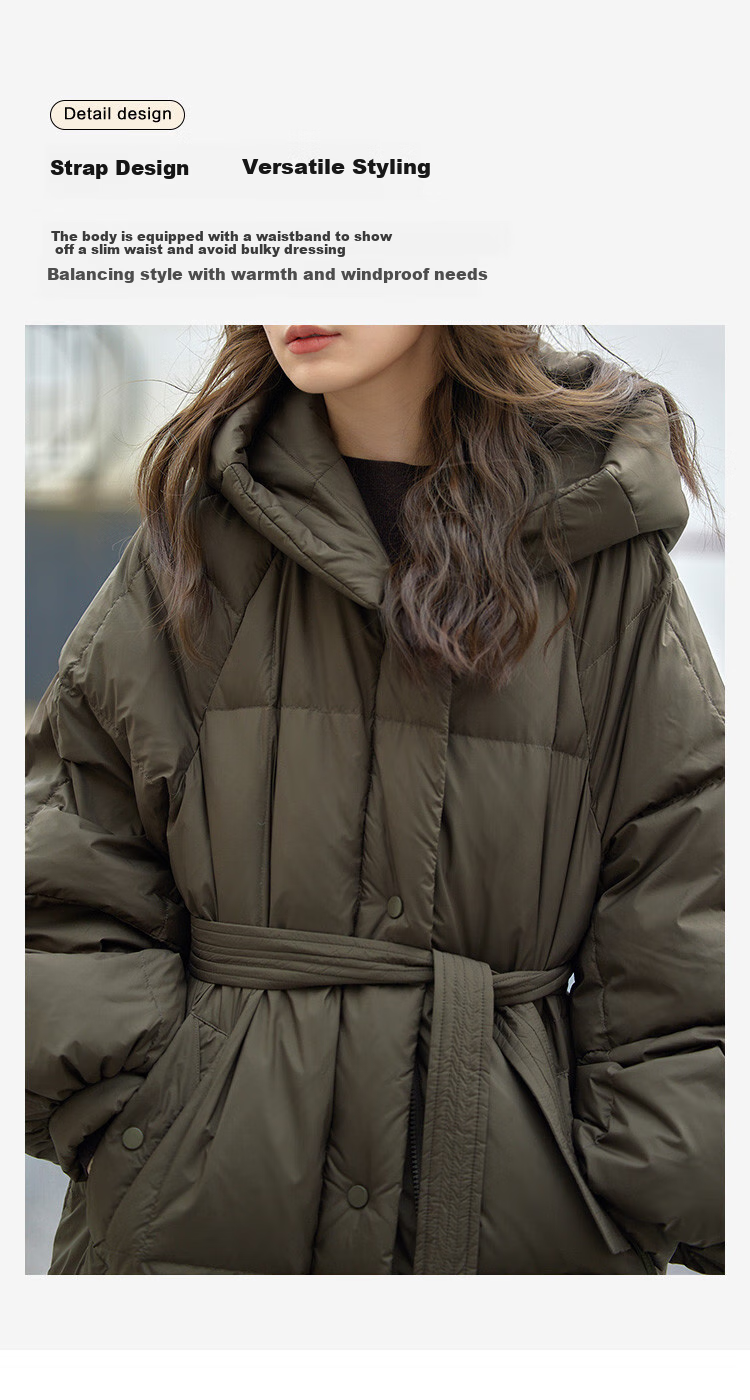 Dme [Retro Long Hooded Down Jacket] Winter Style with Side Pockets, Waist Belt, Long Women's Down Coat, Coffee Color, M 7