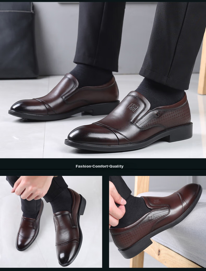 LAORENTOU Men's Leather Shoes, Business Formal Shoes, Top-Grain Cowhide Slip-Ons, Non-Slip Breathable Casual Shoes, A90205, Black, Size 39 16