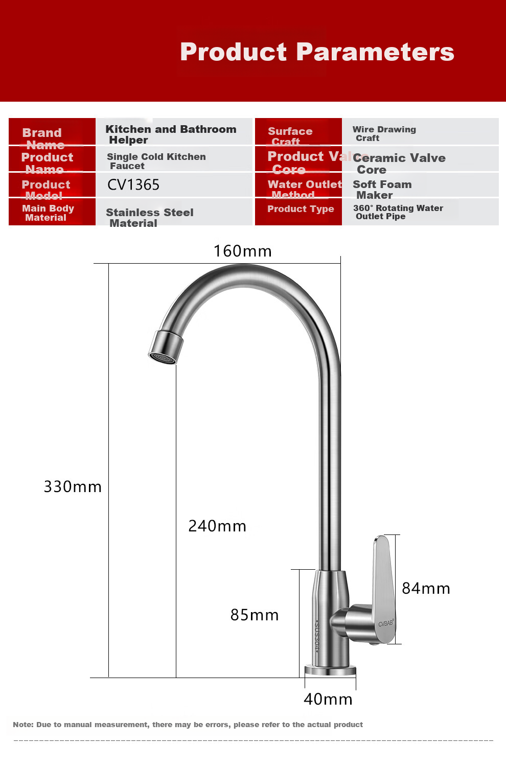 CVBAB Kitchen Single Cold Water Tap, Household Vegetable Washing Sink Faucet, 304 Stainless Steel Rotating Single Cold Tap, CV1365 1