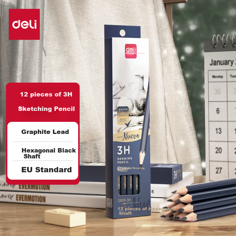 Deli Premium Drawing Pencils, 12 Pieces, 3H Sketching Pencils, Hexagonal Barrel Writing Black Pencils for Students, Art Sketching Engineering Drafting Pencils, Specialized for Beginners, Back-To Stationery