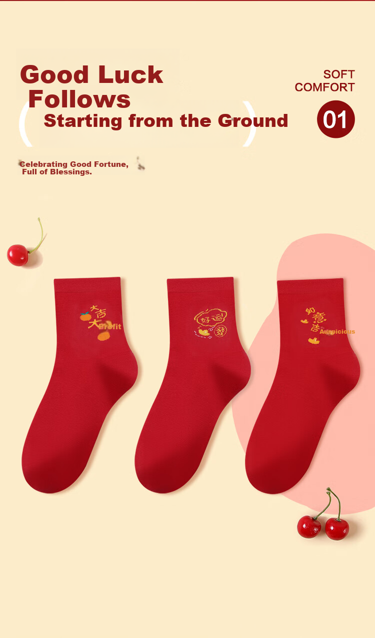Hodohome Children's Socks, Girls' Mid-Calf Socks for Lucky Year of The Ox, Festive Red Socks for Girls' New Year Greetings, Size 500, 22-24cm 3