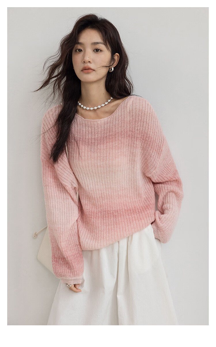 Demana Peach Blush Gradient Design Long Sleeve Knit Sweater Women Winter Crew Neck Pullover 2