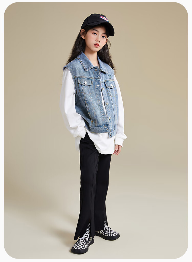 QQ DUCK Children's Denim Vest Girls' Sleeveless Jacket Youth Clothing Classic Vest Navy Blue; 165 18