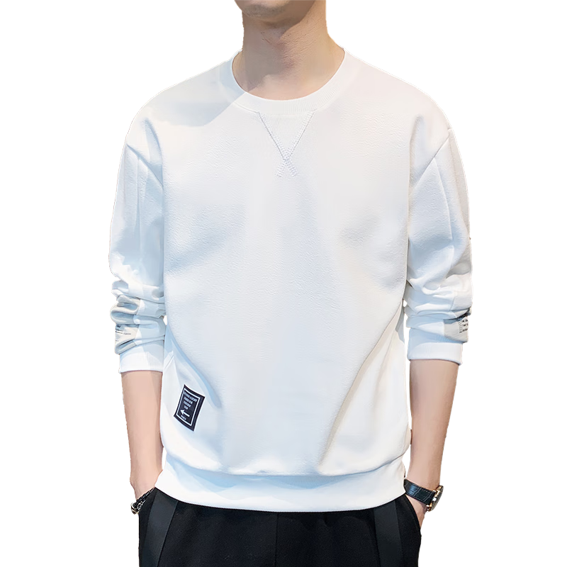 ROMON Men's Sweatshirt Spring and Autumn Long Sleeve T-Shirt Casual Round Neck White XL