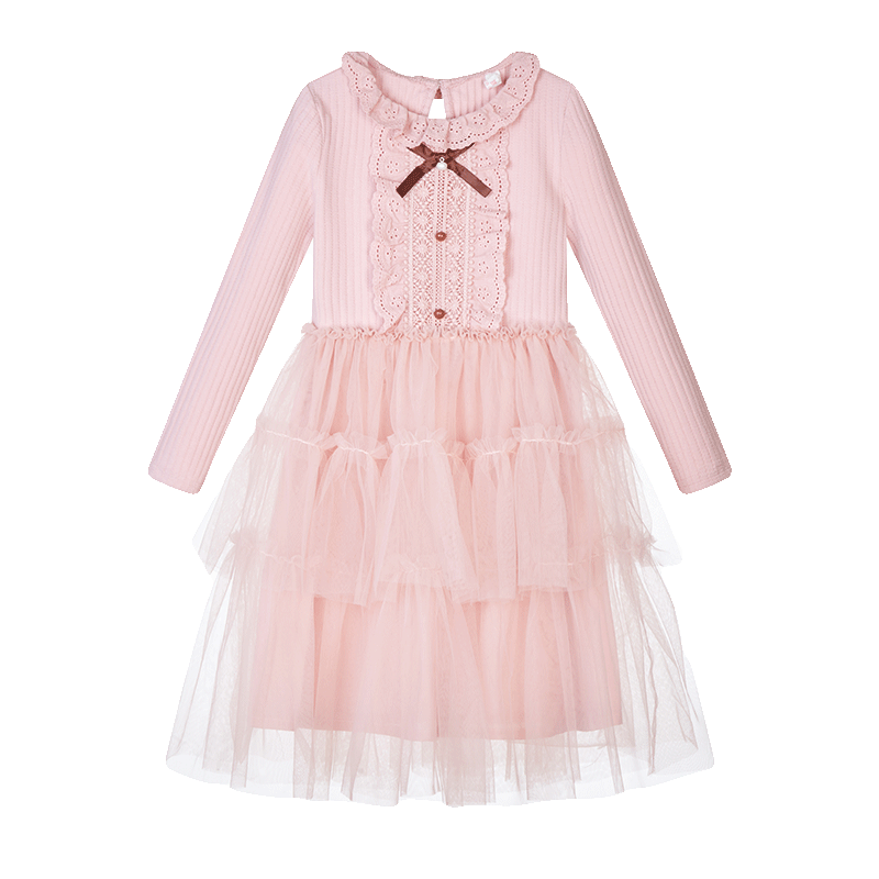 Follow Me Girls' Dress Spring And Autumn Sweet Tulle Knit Dress for School Performances, Pink, Size 150