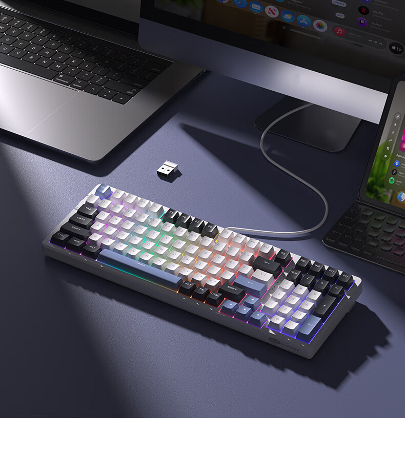 MageGee Light100 Custom Mechanical Keyboard, 99 Keys Wireless Tri-Mode Bluetooth Keyboard, E-Sports Gaming, Business Office, GASKET Structure, Side-Carved Green, Blue Whale Switches 3