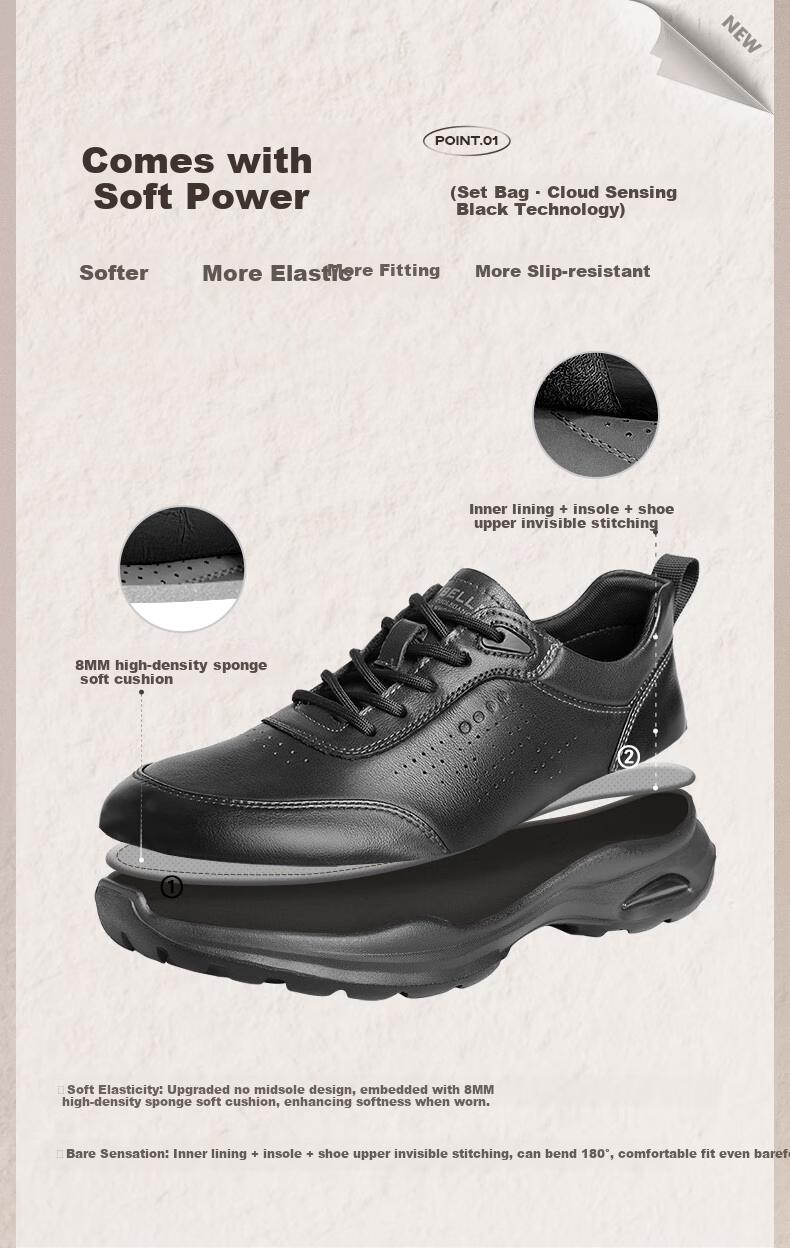 Belle Lightweight Thick-Soled Casual Shoes for Men, Same Style As in Shopping Malls, Cowhide Business Sneakers 8GZ01BM4, Khaki Color, Size 42 2