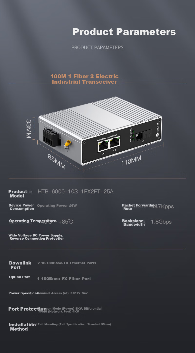 NetLINK Industrial-Grade Fiber Optic Transceiver, 100Mbps 1 Optical 2 Electrical Single-Mode Single-Fiber A-Type DIN Rail Optical-Electrical Converter, One Unit HTB-6000 8