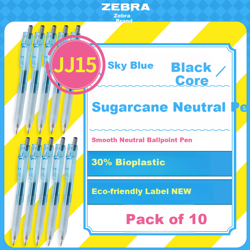 ZEBRA Bio Exam Pen, 0.5мм, прозрачный корпус из биоматериала сахарного тростника, JJ15, высококачественная ручка для экзаменов, с выдвижным механизмом, нейтральные чернила, небесно-голубой корпус (черный стержень), упаковка 10 шт.