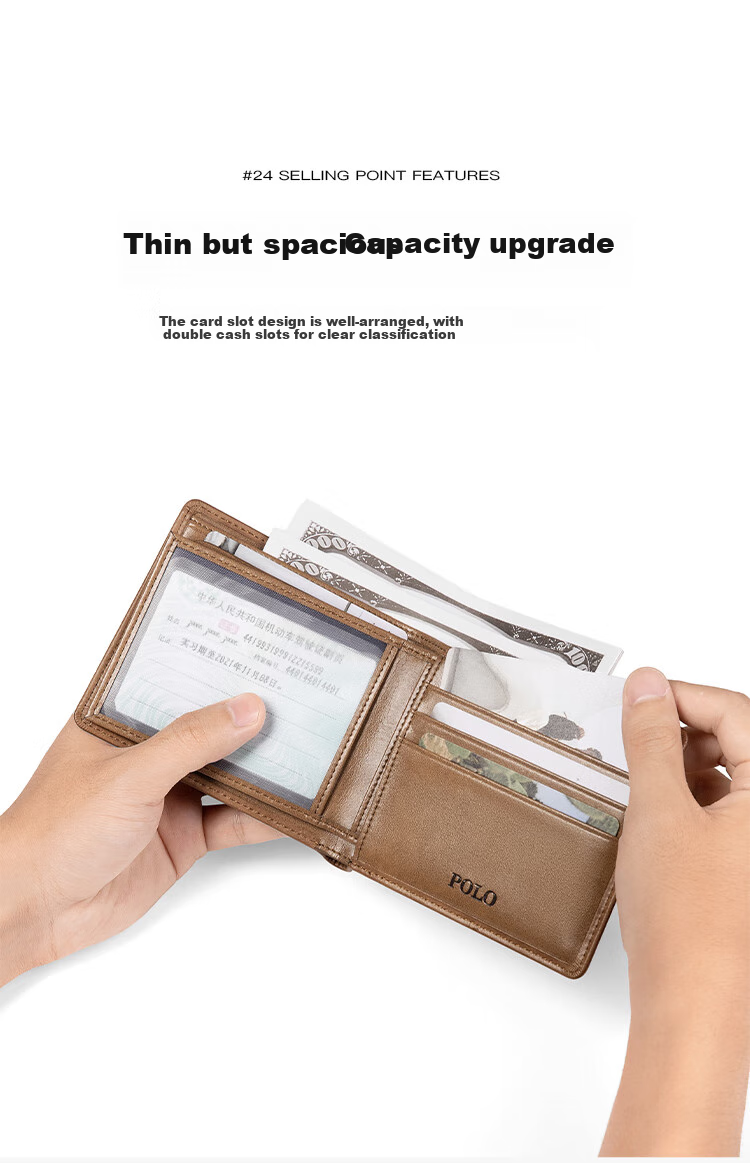 POLO Wallet for Men, Top-Grain Leather Billfold with Multiple Card Slots, Driver's License Holder, Short Bifold Wallet, Gift Box, Birthday Present 9