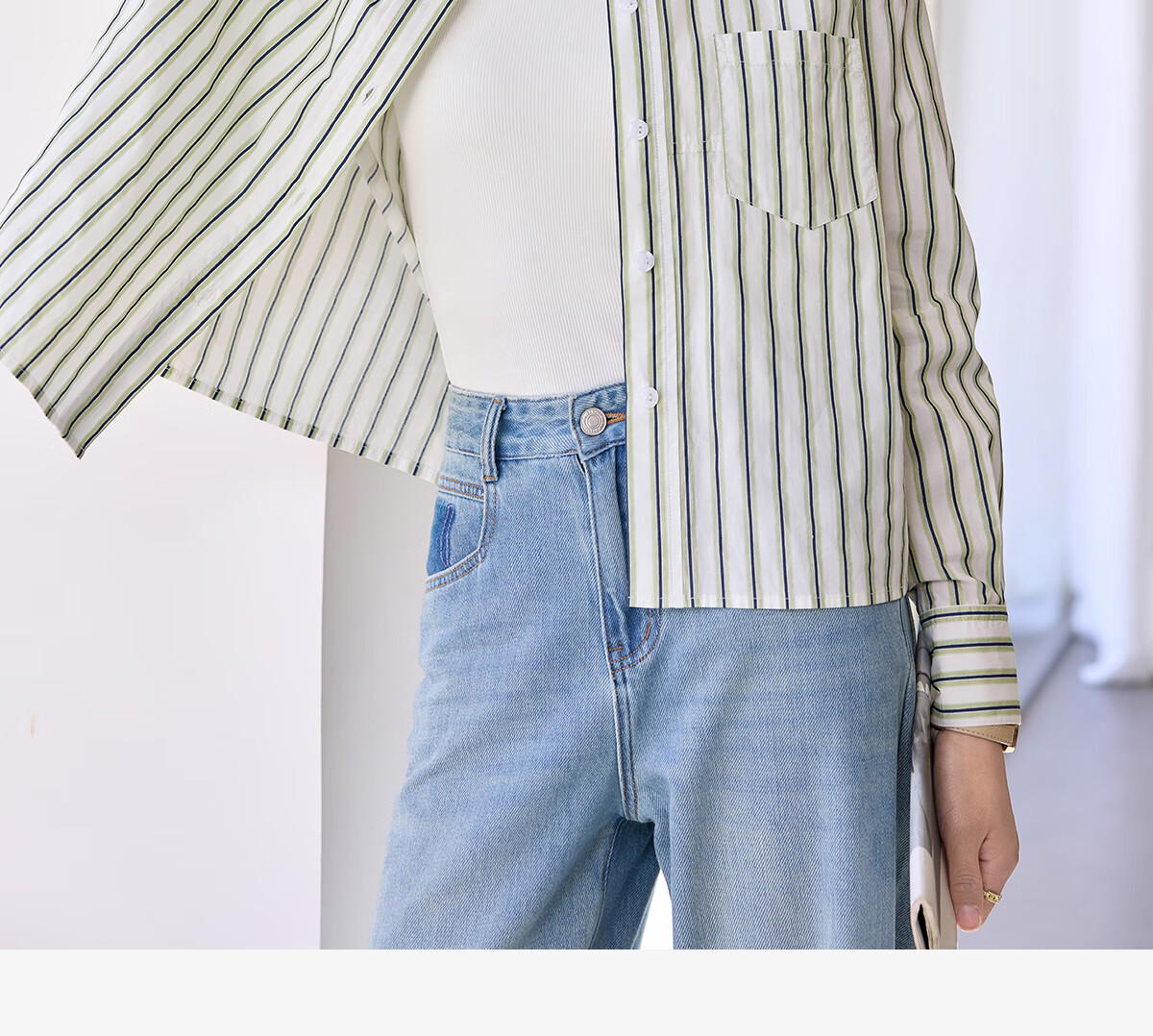 Chushen Women's Long-Sleeve Shirt, Contrasting Color Lapel, Classic Striped Short Casual Commuter Pure Cotton Blouse S51S043 3