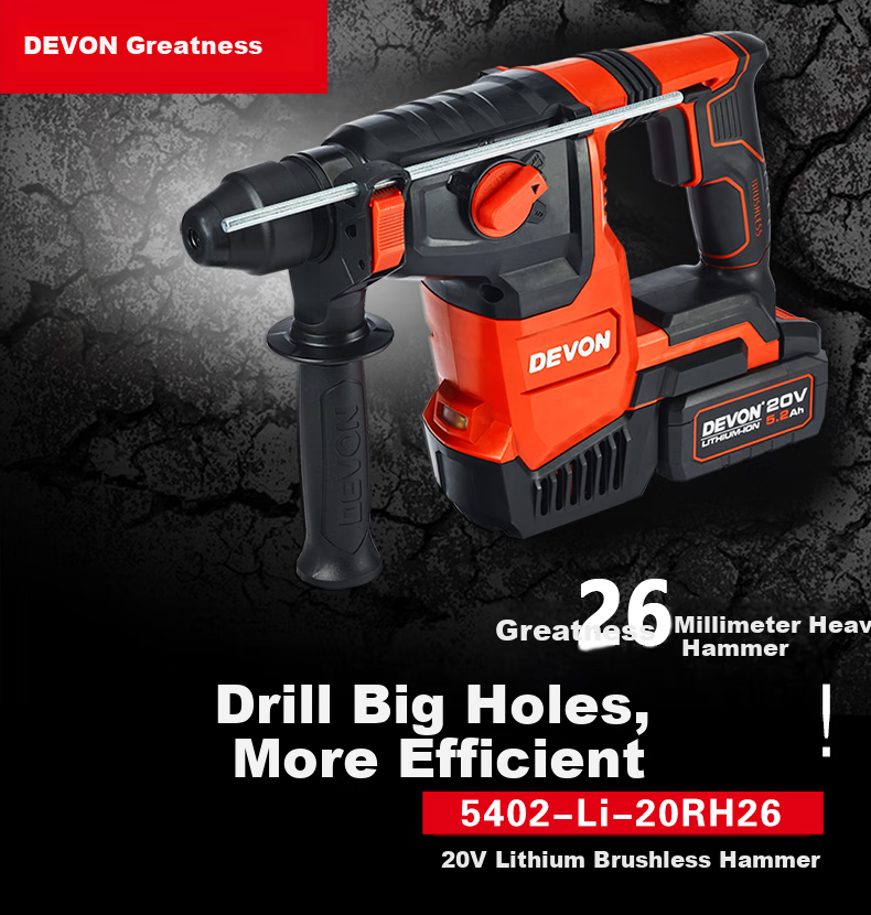 Devon 20V Brushless Cordless Rotary Hammer Drill, Millimeter Wireless Induction-Free Heavy Hammer, Road Concrete Electric Pick, 5402 (Bare Tool) 1