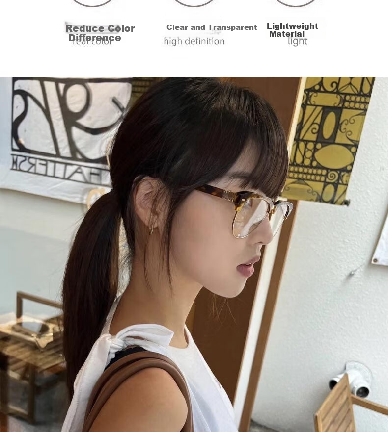 Boshide Myopia Glasses, Anti-Blue Light Glasses, Korean Retro Semi-Rimless Cat Eye Plain Lens Glasses, Douhua Frame 100 Degrees 3