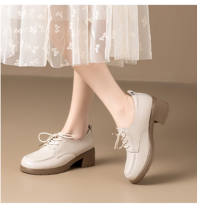 ZHR ZEZHE First Layer Cowhide Women's Commuter Thick Heel Lace-up Work Professional Loafers KM07 Beige Size 37 13