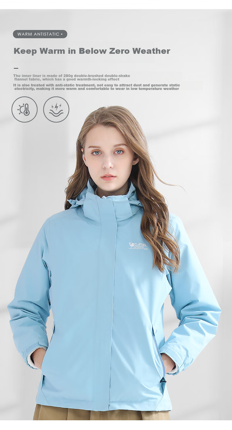 CAMEL Outdoor Cold-Resistant Windbreaker Jacket for Men And Women, Waterproof And Warm Three-In Detachable Two-Piece Mountaineering Suit A0W21a8165 6