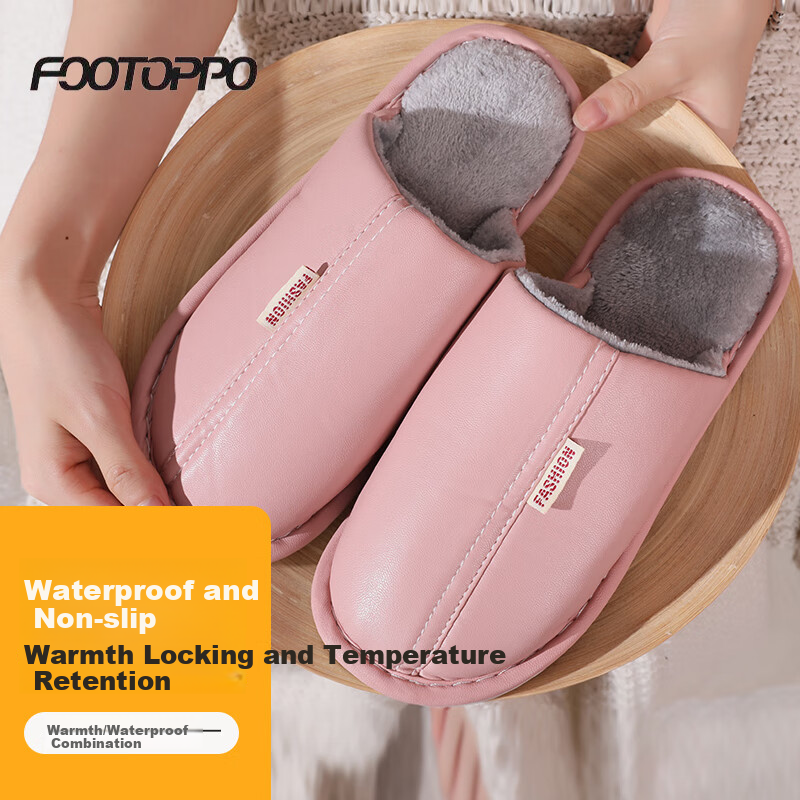 FOOTOPPO PU Leather Slippers for Men, Cotton Slippers for Winter, Thick-Soled Non-Slip Warm Furry Slippers, Soft-Soled Men's Home Shoes, Waterproof Cotton Slippers for Wome
