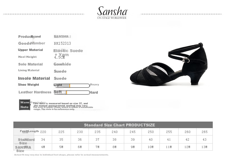 Sansha Latin Dance Shoes for Women, Low Heel National Standard Dance Ballroom Dance Soft Sole Dance Shoes for Practice And Competition, Professional, Black, Size 38 2