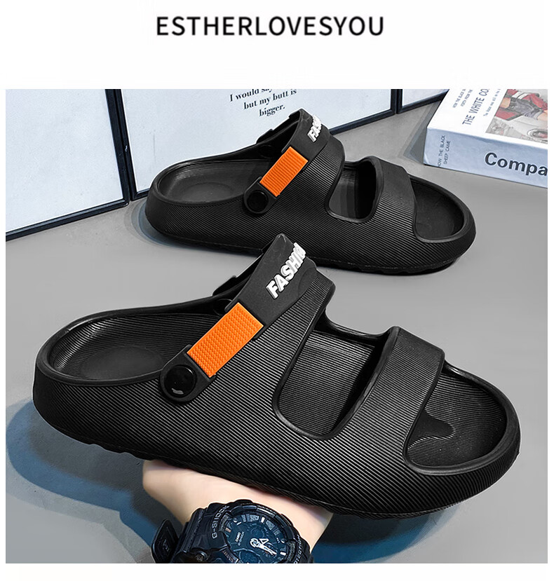 CARTELO Men's Sandals, Summer Casual Breathable Hole Shoes, Fashionable Two-Way Beach Shoes for Men, 1572 Black And Orange, Size 42-43 10