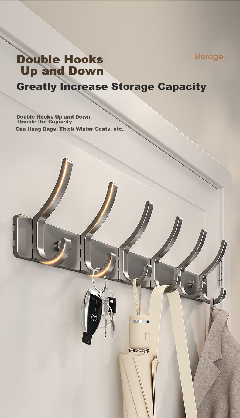 Shuranjia Coat Hooks, No Drilling Required Clothes Hanger, Door-Back Hooks, Traceless Garment Rack, Space Aluminum 6 Hooks, Gunmetal Gray 3