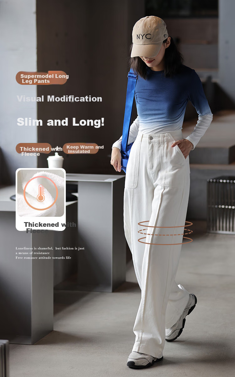 DME Straight-Leg Large Pocket Decorative Long Pants Thickened Autumn Winter Single-Button Fleece-Lined Straight Denim Jeans for Women 1