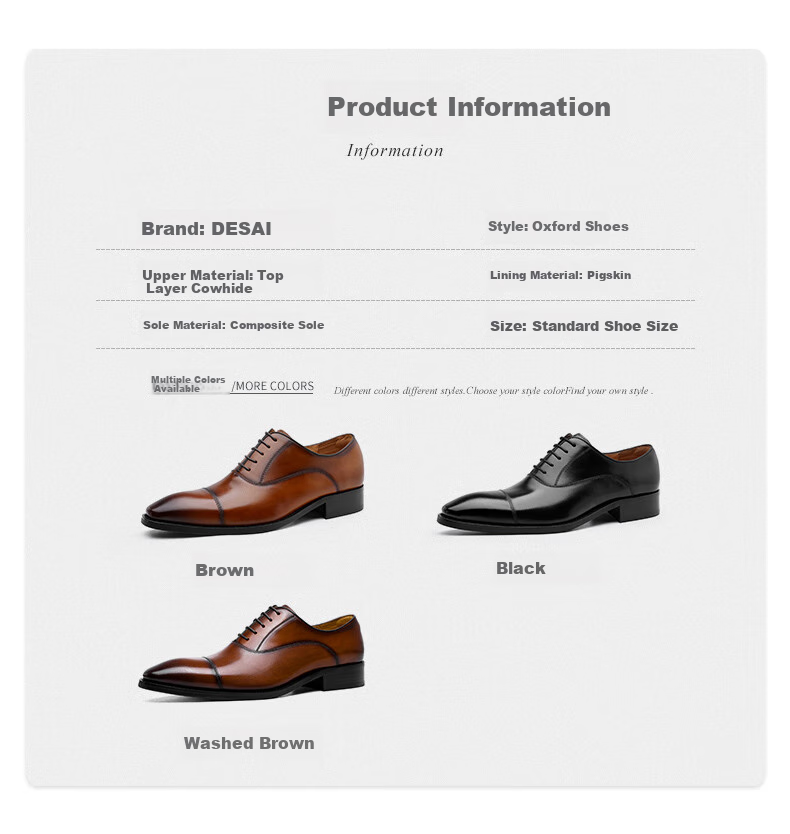 DES AI (DESAI) Three-Joint Casual Men's Shoes, Business Formal Leather Shoes, Pointed Oxford English Style Wedding Shoes, Brown, Size 39 8
