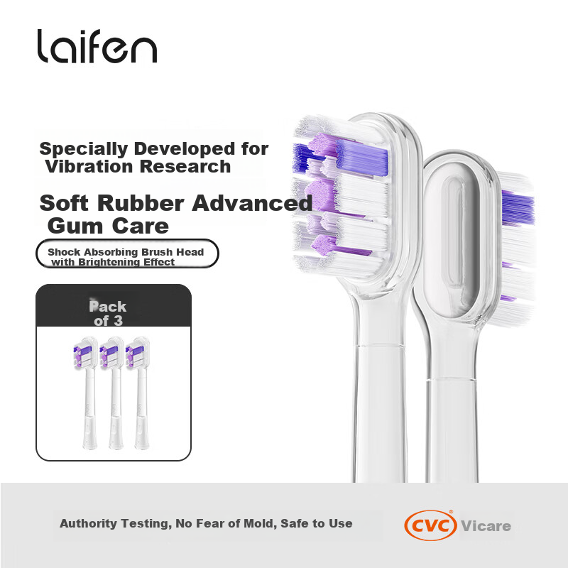 LAIFEN Electric Toothbrush Official Slow Vibration Brush Head, Light-Sensitive Whitening Transparent Style, 3-Pack Birthday Gift