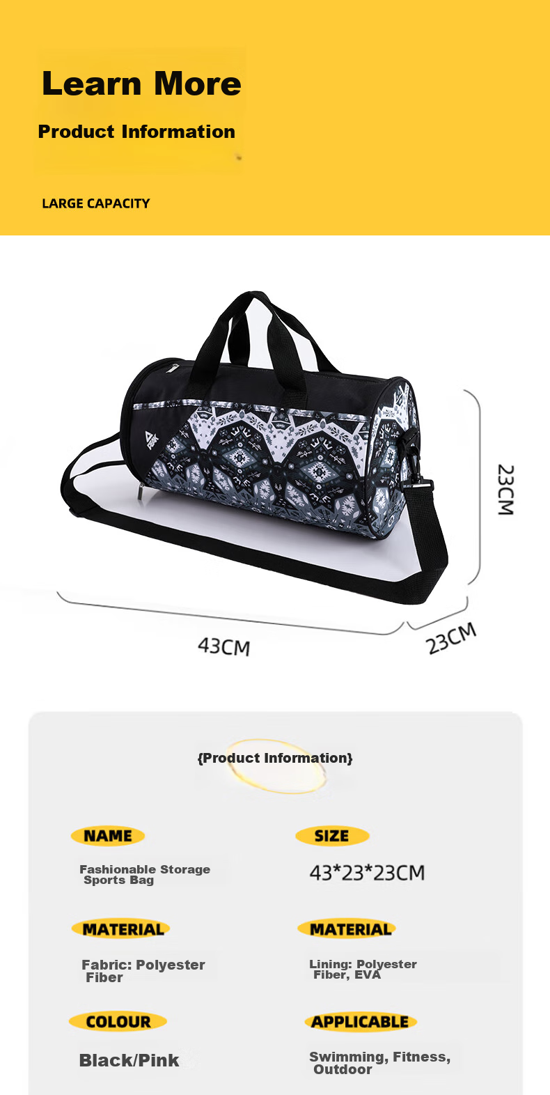 PEAK Swimming Fitness Dry-Wet Separation Bag, 20L, for Men And Women, Adult Handbag, Shoulder Bag, Casual Bag, Single-Shoulder Tote Sports Bag, Pink 10