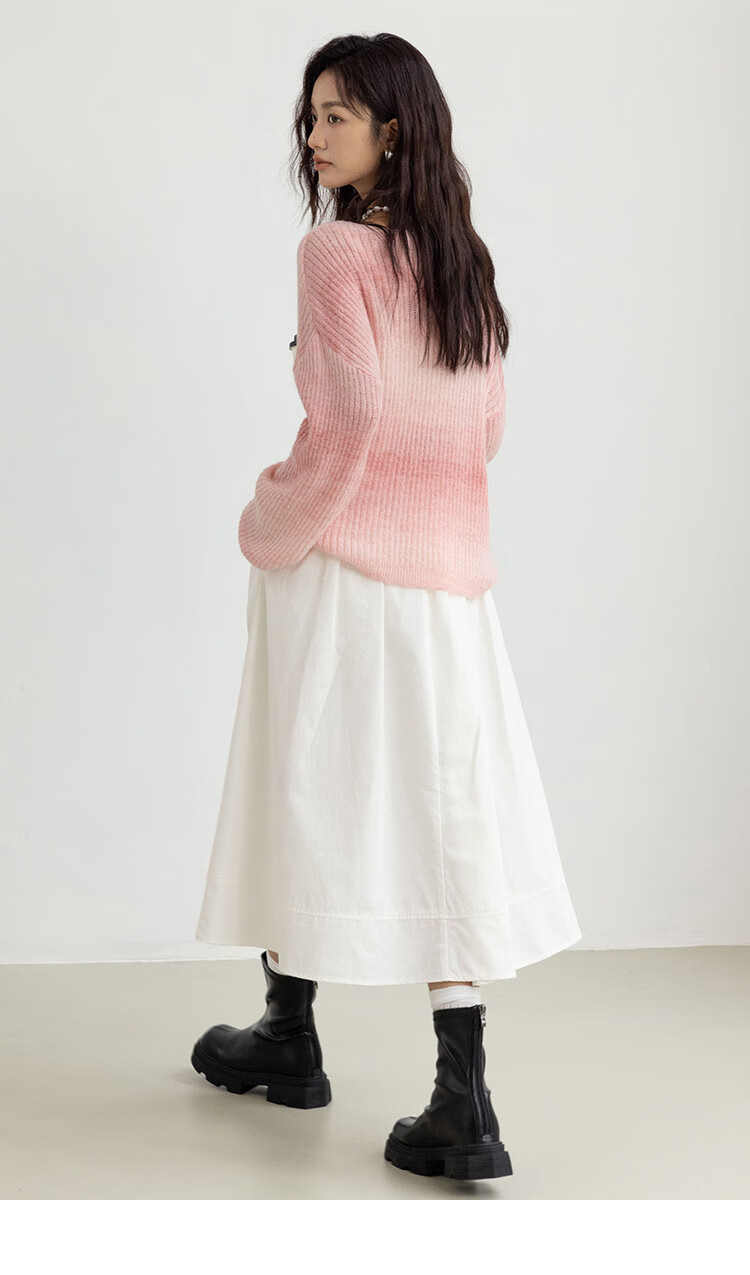 Demana Peach Blush Gradient Design Long Sleeve Knit Sweater Women Winter Crew Neck Pullover 11