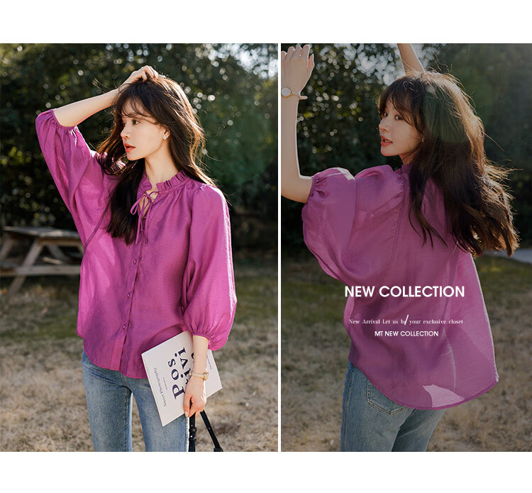 Mt [Candied Yangmei] Summer Elegant Small V-Neck Korean Style Ruffle Mid-Sleeve Blouse 14