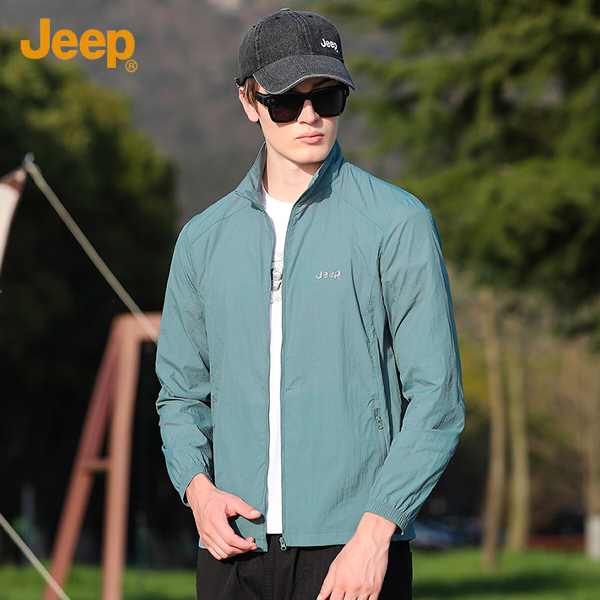 JEEP [Lightweight Sun Protection] Summer Breathable Skin Coat, Outdoor Casual Stand-Collar Sports Jacket for Men, Misty Blue, 4XL