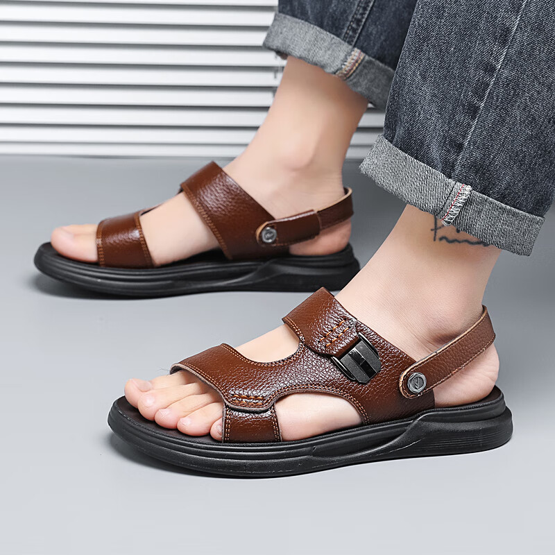 Warrior Men's Sandals, Summer Outdoor Sandals, Wear-Resistant Dual-Use Beach Shoes, WSL(WZ)-1350, Brown, Size 42
