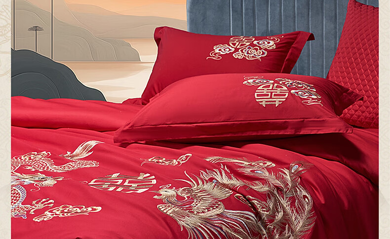 Bailisi Shuixing Jiafang Wedding Bedding Set, Four-Piece, Pure Cotton Embroidered Wedding Room Set, Bright Red Bed Sheet And Duvet Cover 10