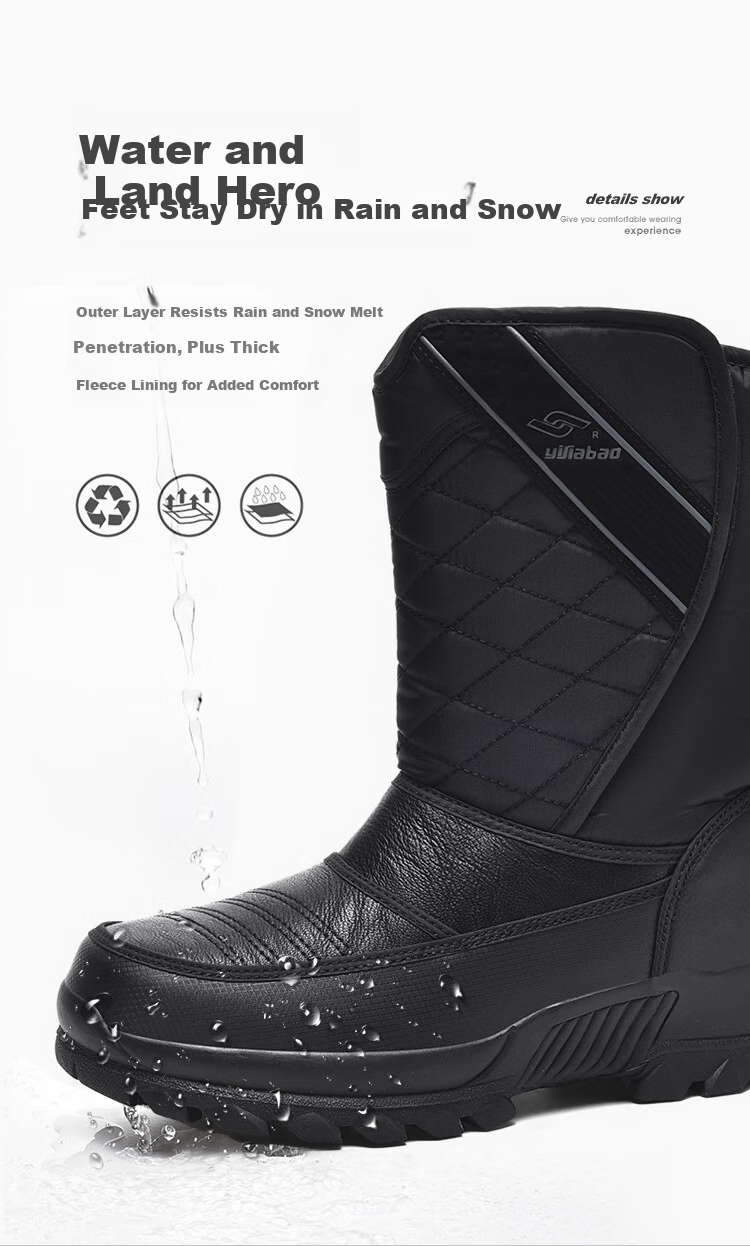 Yijiabao Snow Boots for Men, Winter Men's Shoes, Fleece-Lined for Warmth, Waterproof, Northeast Travel Shoes, Cowhide Sole Non-Slip Shoes, Black, Size 40 9