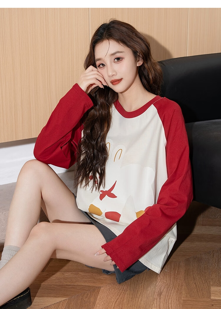 TonLion 2025 Women's Front Chest Print Raglan Long Sleeve T-Shirt, Cherry Red, Size S 9
