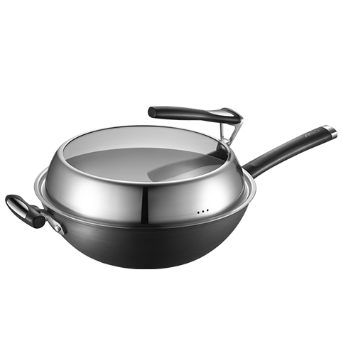 ASD Wok Iron Pan, Uncoated Stir-Fry Pan, Stainless Steel Iron Pan, Compatible with Induction And Gas Stoves, 32cm CF32A11WG