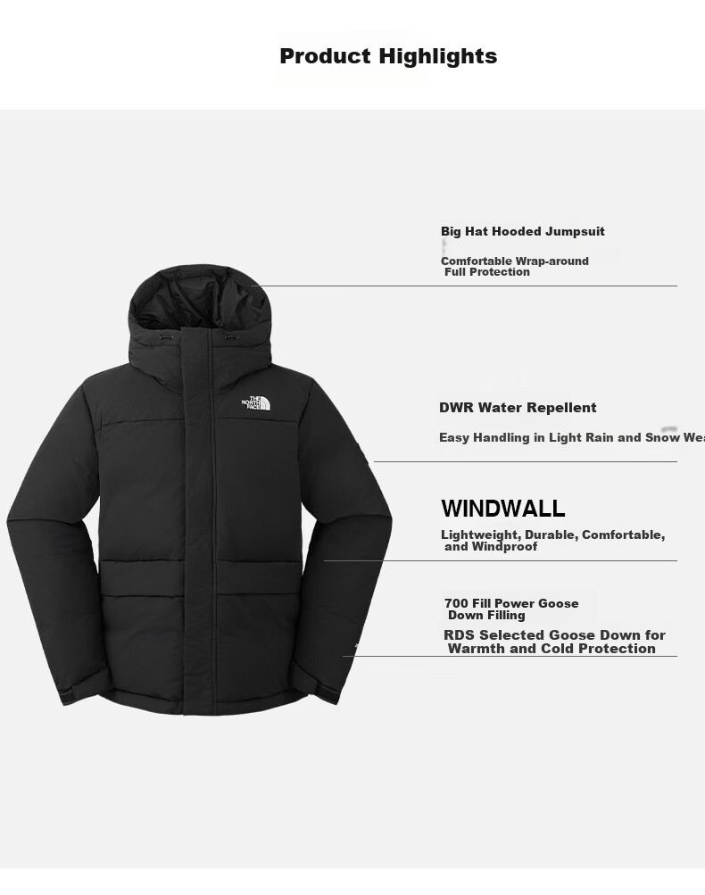The North Face down Jacket for Men, Outdoor Windproof And Warm, 700 Fill Power Goose Down, Hooded Coat, 81SF 1OA L/175 1