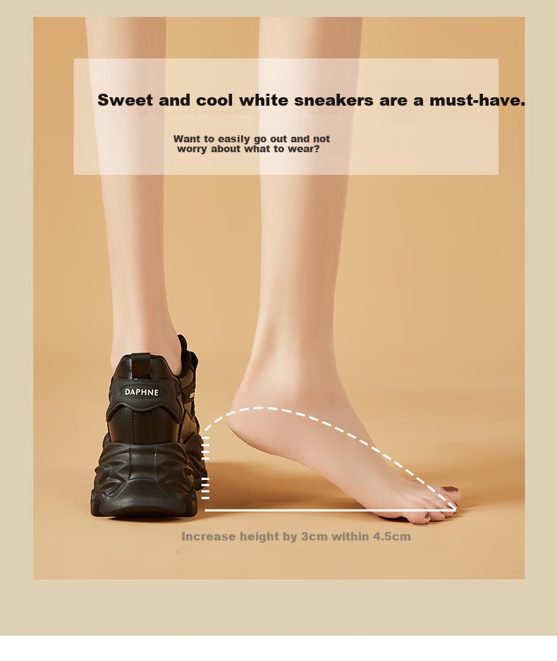 DAPHNE Thick-Soled Height-Increasing Dad Sneakers for Women, Versatile Fashionable Casual Shoes, Style 4623101103, Black, Size 39 3