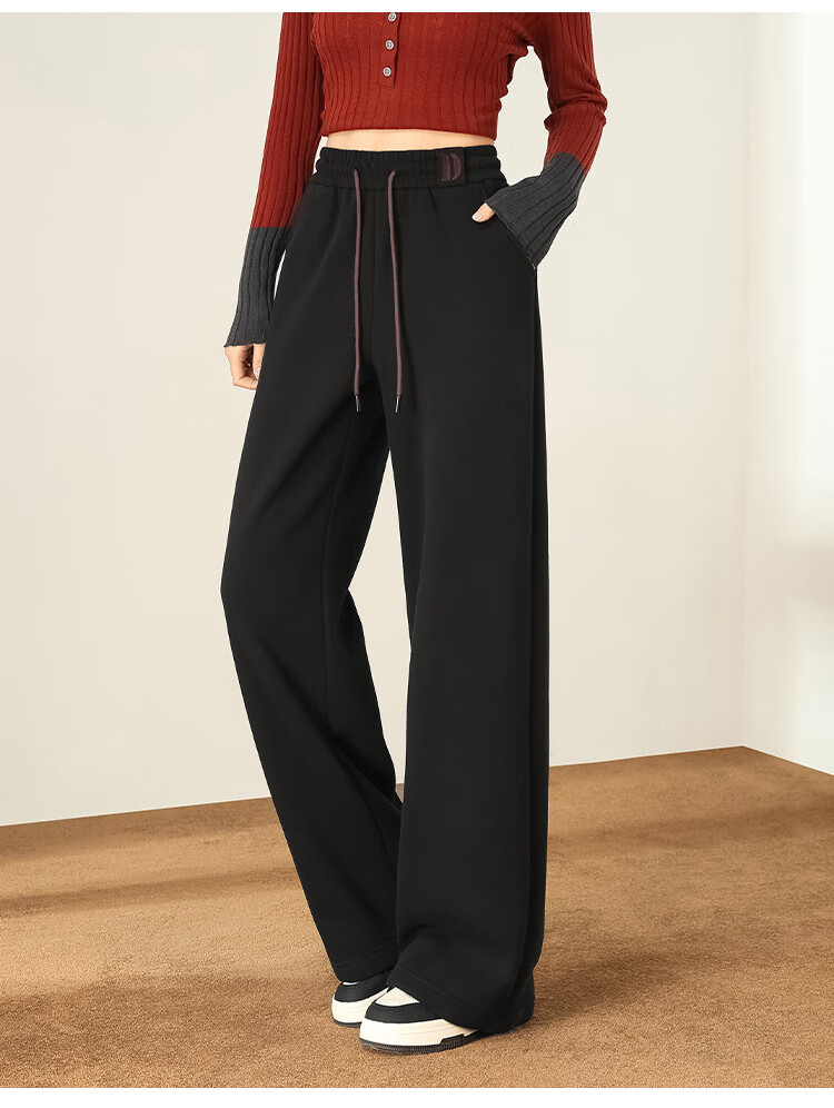 DME Fleece-Lined Thick Warm Slim-Fit Wide-Leg High-End Flattering Loose Elastic Waist Trousers, Black, XL 15