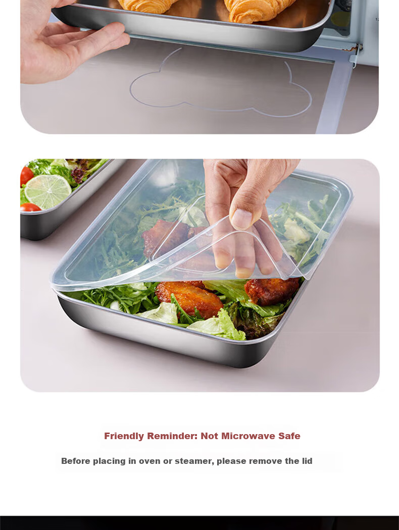 BJ [Extra Large] Stainless Steel Rectangular Food Storage Container, Extra Thick Tray for Cold Dishes And Barbecue with Lid, Set of 6 2