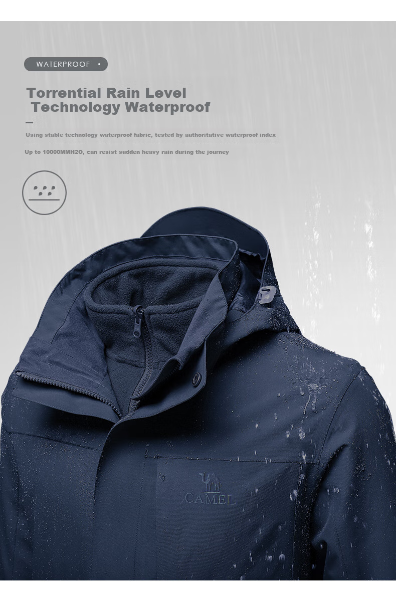 CAMEL Outdoor Jacket, Three-In Fleece-Lined Thickened Waterproof Couple's Coat, Mountaineering Clothing, A9W114120-1 11